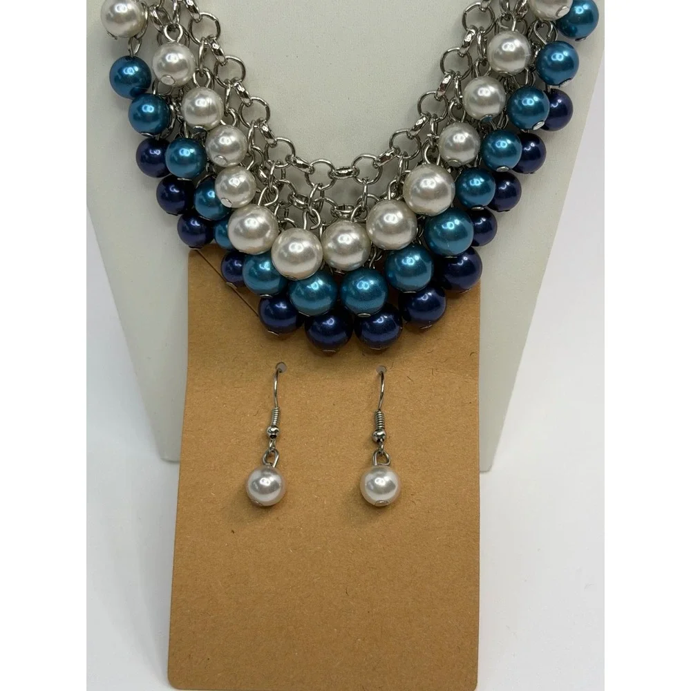 Silver Tone Faux Pearl Bib Statement Necklace & Earring Set Teal Blue Resortwear